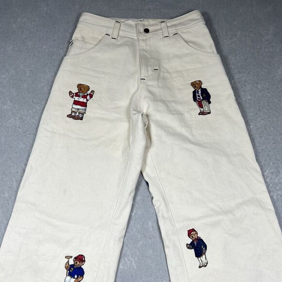VTG IMPRSSVE Jeans Women’s Size 26 Beige CUSTOM Polo Bear Patches Straight Fit - Picture 2 of 12